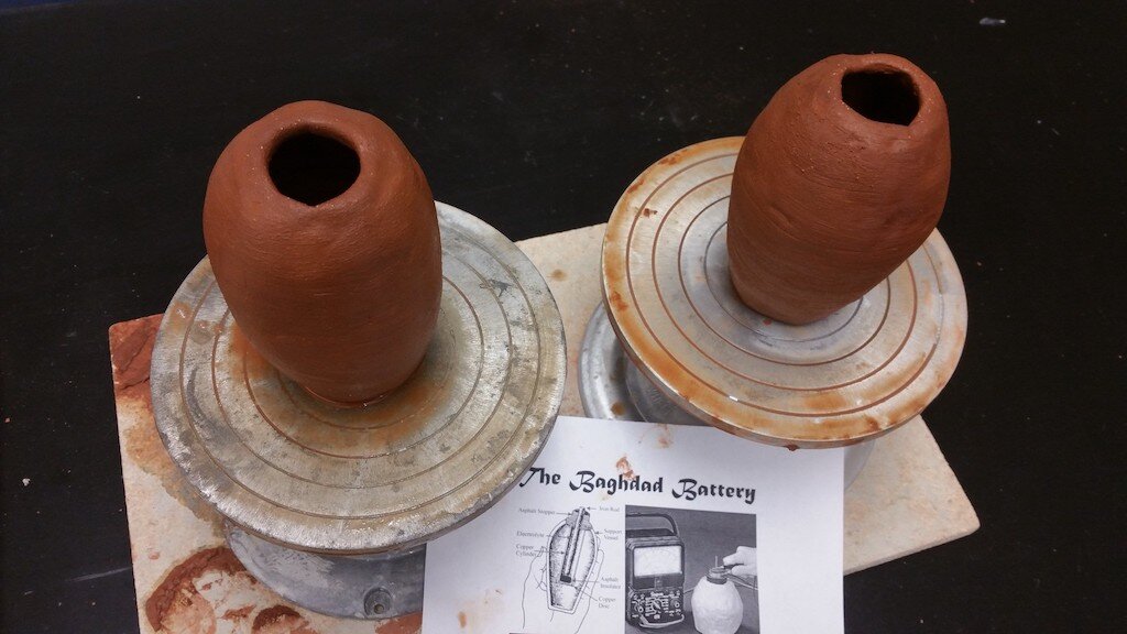 Two Baghdad Batteries on display. Image: Boynton Art Studio.