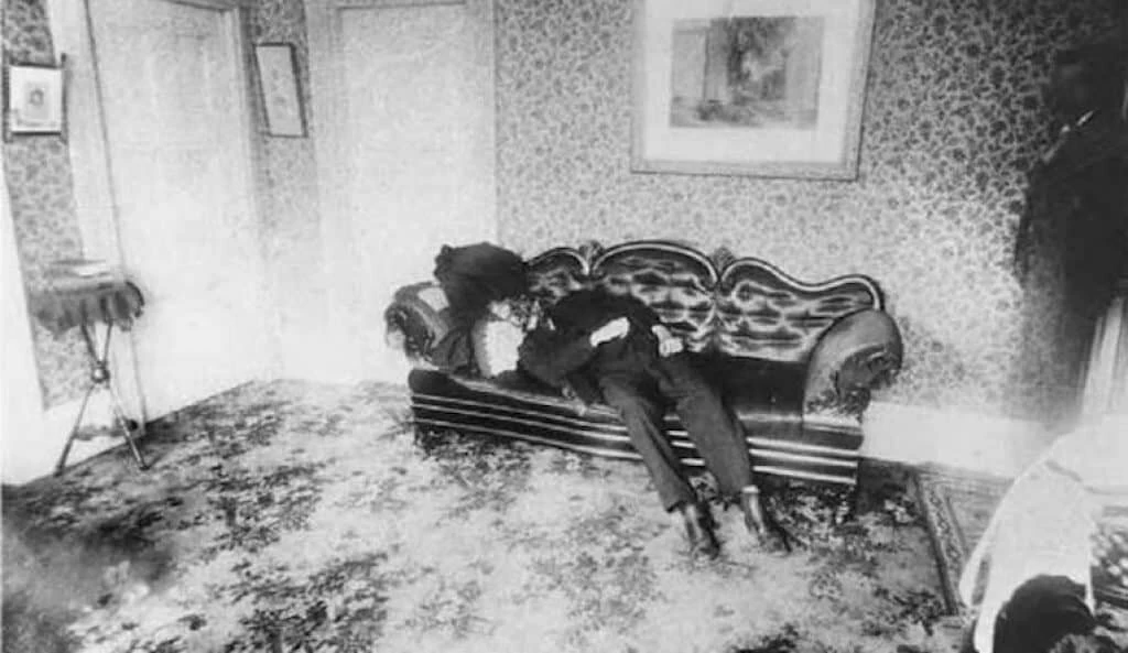 Lizzie Borden crime scene photo showing the body of Andrew Borden.