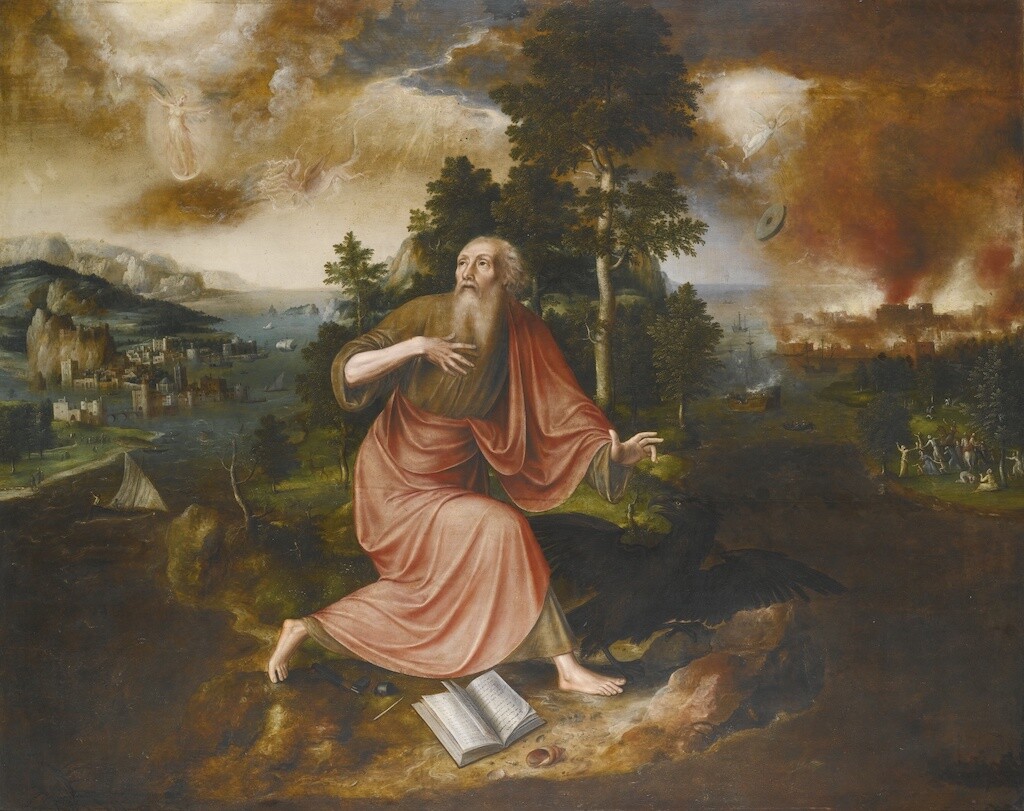 Evangelist John of Patmos writes the Book of Revelation.