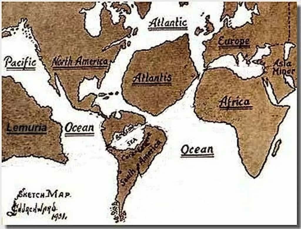 Map by James Churchward depicting Lemuria and Atlantis.