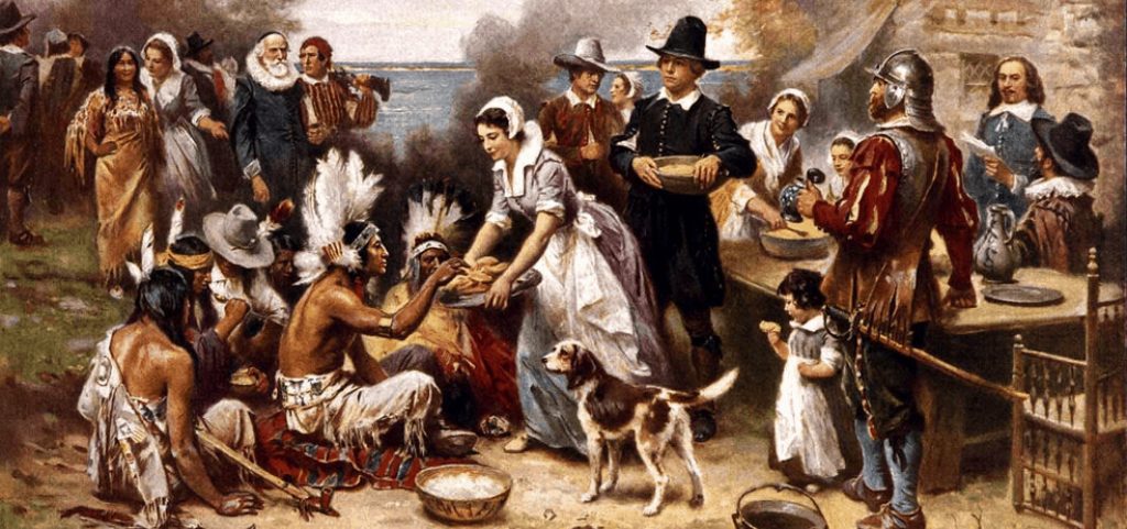 Depiction of the first Thanksgiving. Source: Wikimedia Commons, public domain.