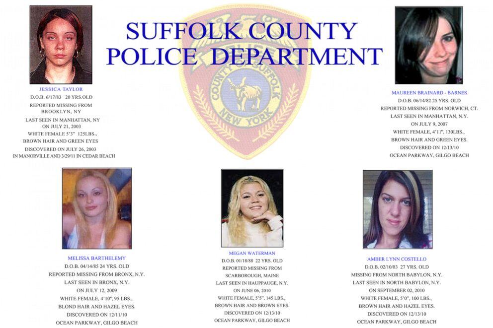 A 2011 Suffolk County Police handout showing five of the 10 known Long Island Serial Killer victims found near Gilgo Beach.