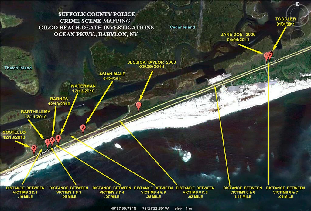 Police diagram showing where the bodies of the Long Island Serial Killer were found.