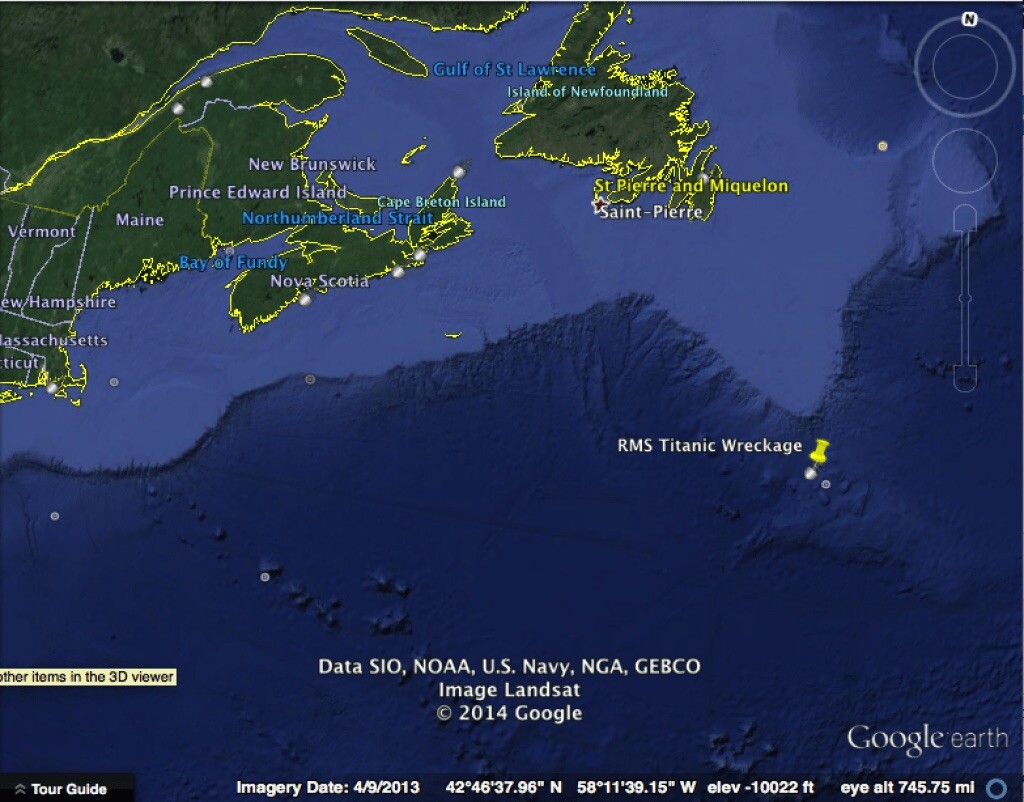 На какой где затонул титаник. Затонувший Титаник на карте. Место гибели Титаника. Где затонул Титаник на карте координаты.