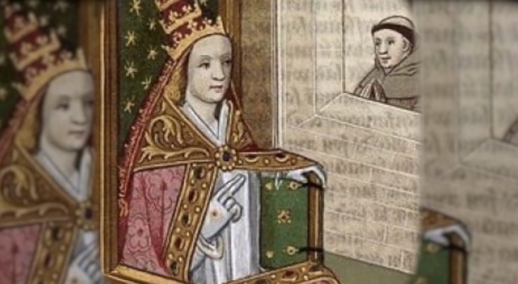 An illustrated manuscript depicting Pope Joan with the papal tiara. Bibliothèque nationale de France, circa 1560.