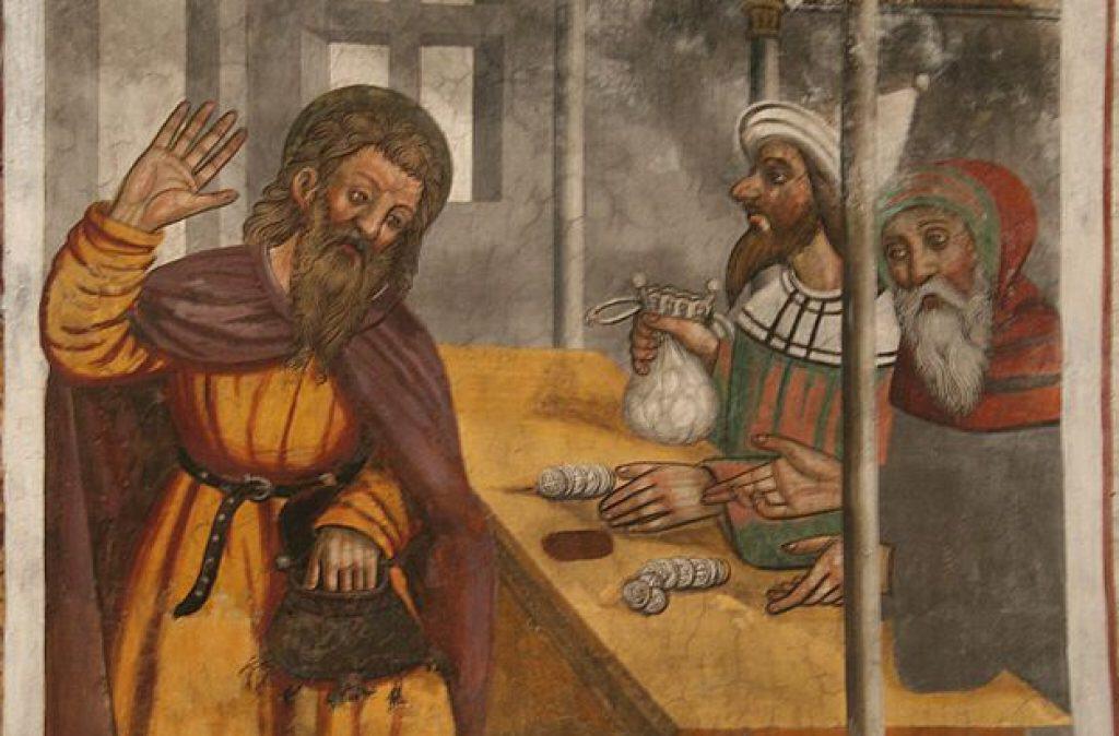 A 16th-century fresco depicting Judas being paid the thirty pieces of silver. Image credit: Wikipedia.