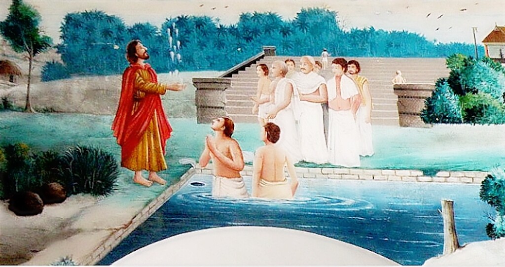 A painting of Thomas baptizing the Brahmins inside the Syro-Malabar church at Palayur, Kerala, India