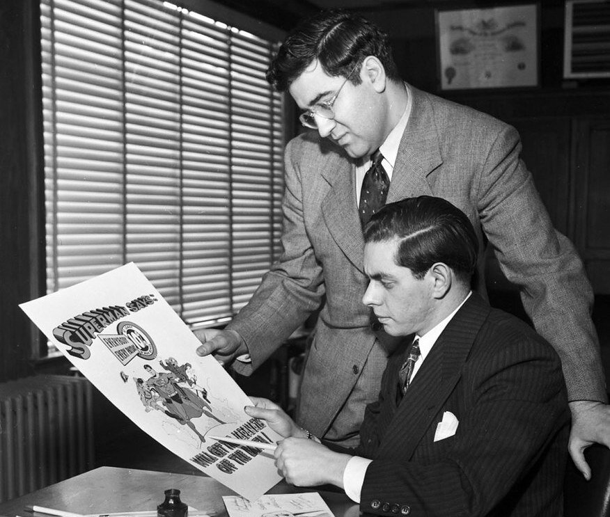 A 1942 photo of Jerry Siegel (standing) and Joe Shuster. They were the creators of Superman.