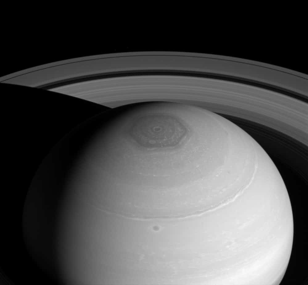 Are wind patterns responsible for this hexagon on Saturn’s north pole? Image credit: NASA/JPL-Caltech/Space Science Institute