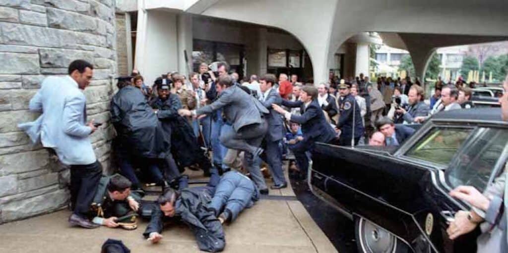 Image was taken immediately following Hinckley's attempted assassination of President Reagan.