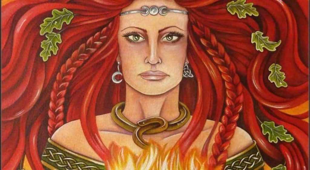 The Celtic Goddess Brigid was born in the Tuatha Dé Danann tribe of gods and embodied the element of fire. Source: Pinterest.