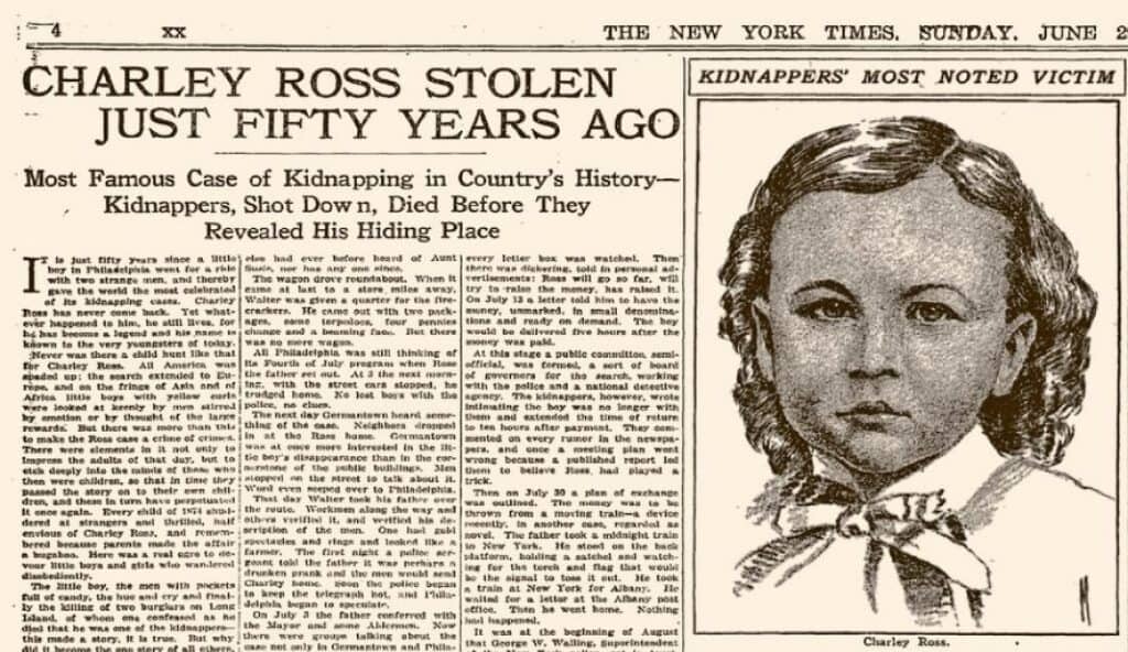 1924 Newspaper article about the kidnapping of Charley Ross 50 years earlier. Credit: NYT.