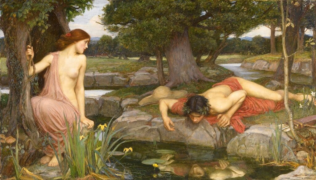 Echo gazes at Narcissus while he longingly peers at his own reflection. J.W. Waterhouse, 1903.