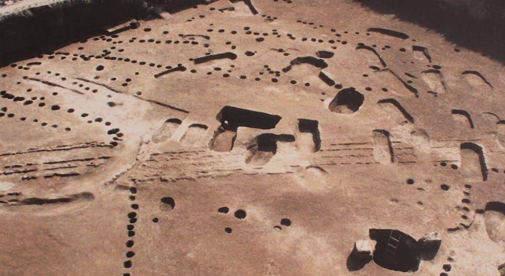 Excavation site at Gricignano showing cart tracks, holes for dwelling posts, graves, and wells from different layers of settlements.
