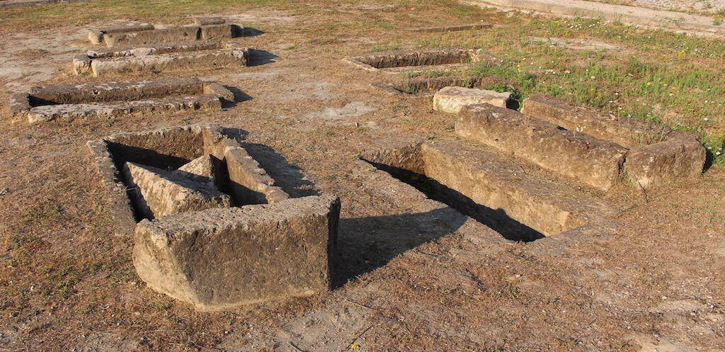 Ancient tombs that appear to consist of Greek-cut slabs, Gricignano, Campania.