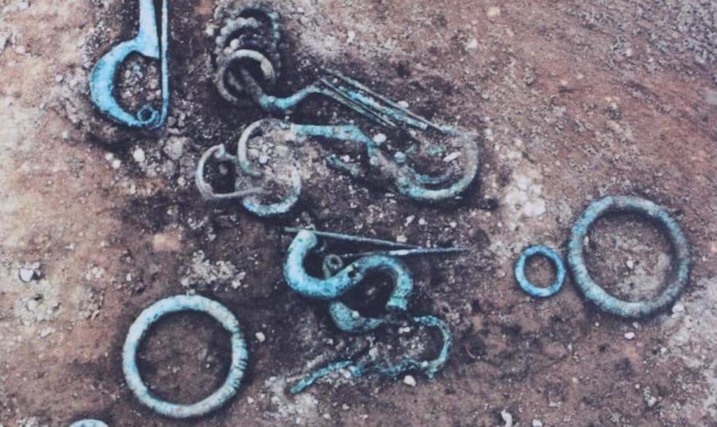 A set of fibulae and jewelry found in Tomb 59 at Gricignano, Campania.