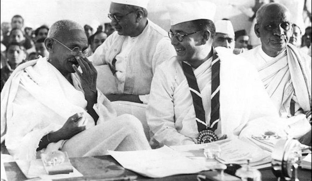 Members of the Indian National Congress (foreground left to right) Mahatma Gandhi, Bose, and Vallabhai Patel during the 51st Indian National Congress, 1938. Public domain.