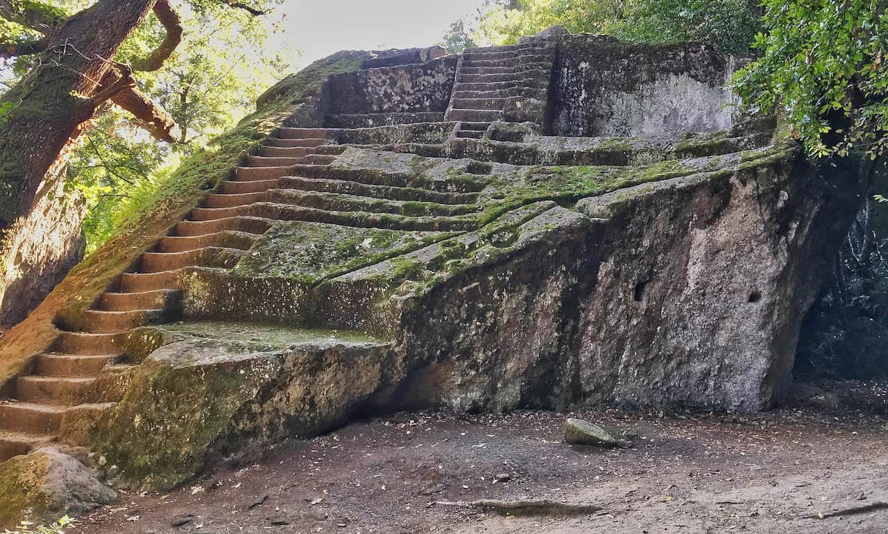 Mysterious Etruscan stairs in the forest of Bomarzo, Italy.