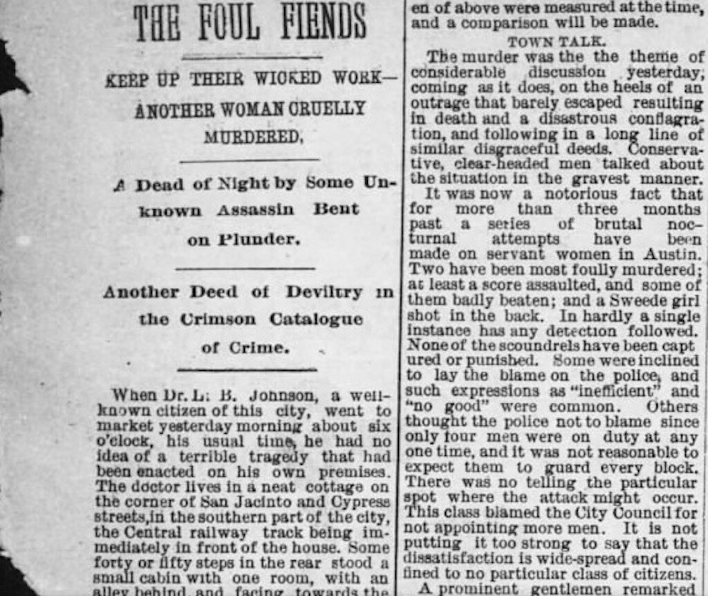 Newspaper clip about the murder of Eliza Shelly. The Austin Weekly Statesman, 1885.