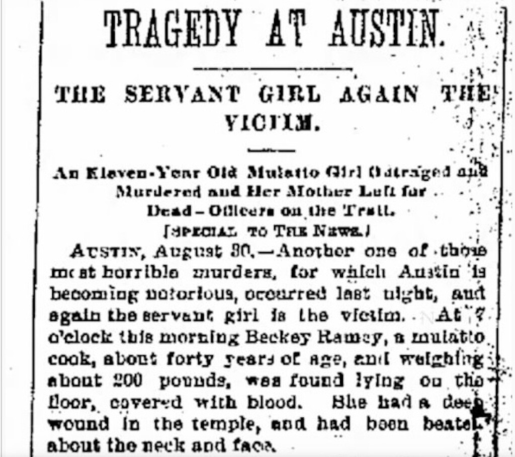 Newspaper clip of Mary Ramey death from the Galveston Daily News, 1885.
