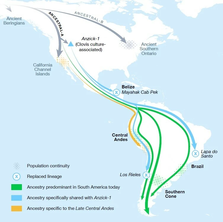Migration routes into the Americas.