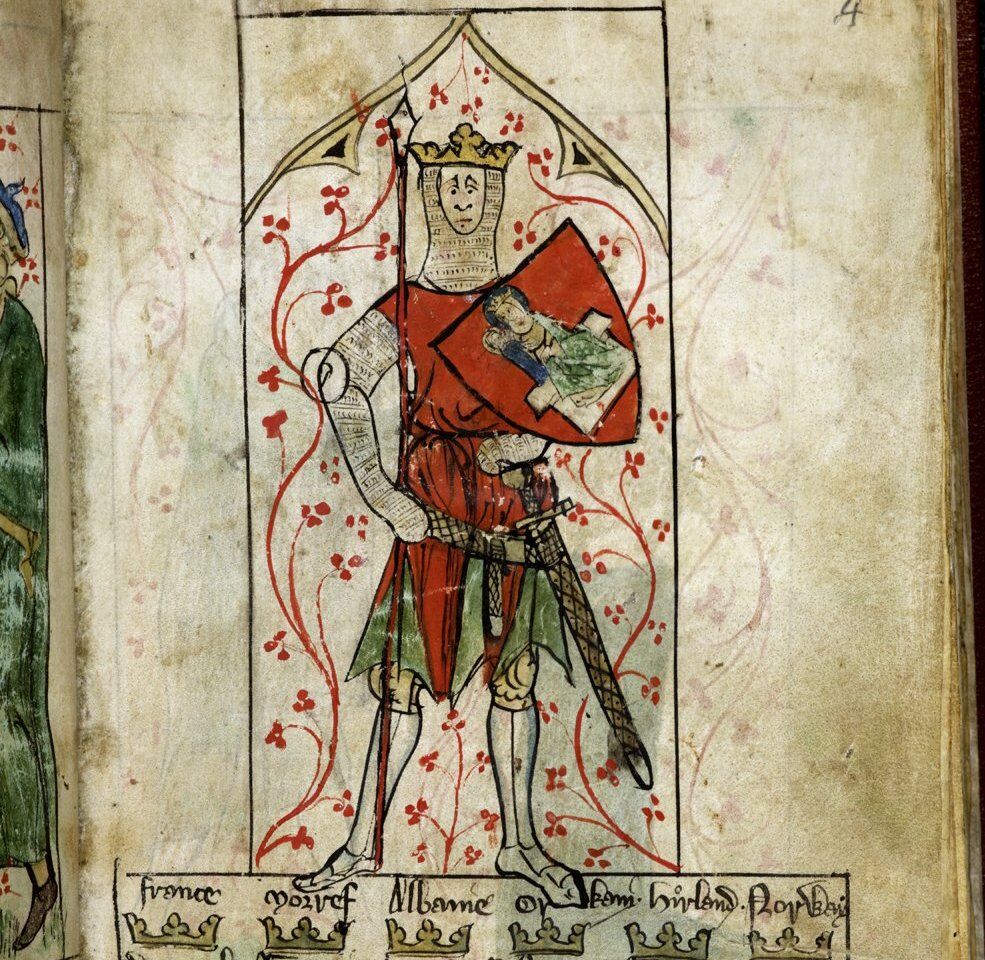 King Arthur from the 14th century manuscript, BL Royal 20 A II, f. 4.