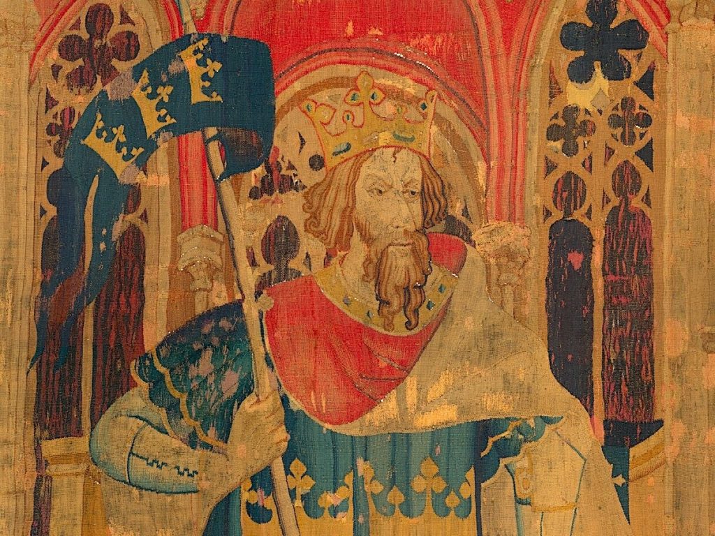 A depiction of King Arthur (from the Nine Heroes Tapestries), circa 1385 CE.