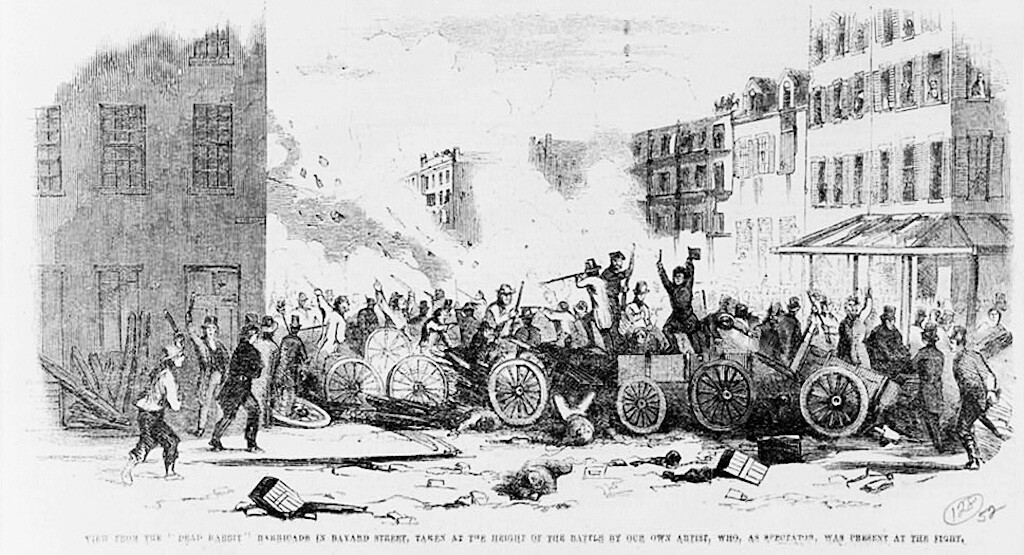 illustration of an 1857 fight between the Bowery Boys and the Dead Rabbits in the Sixth Ward, New York City.