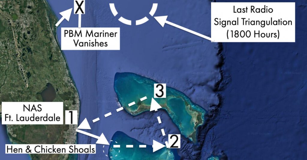 Map of the flight path. After conducting the bomb run, Flight 19 should have turned at away point 2 and 3 to return back to base.