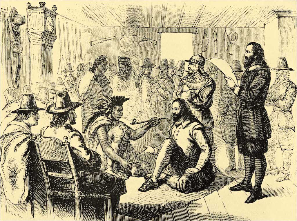 Massasoit sharing a ceremonial pipe with Plymouth Colony Governor John Carver.