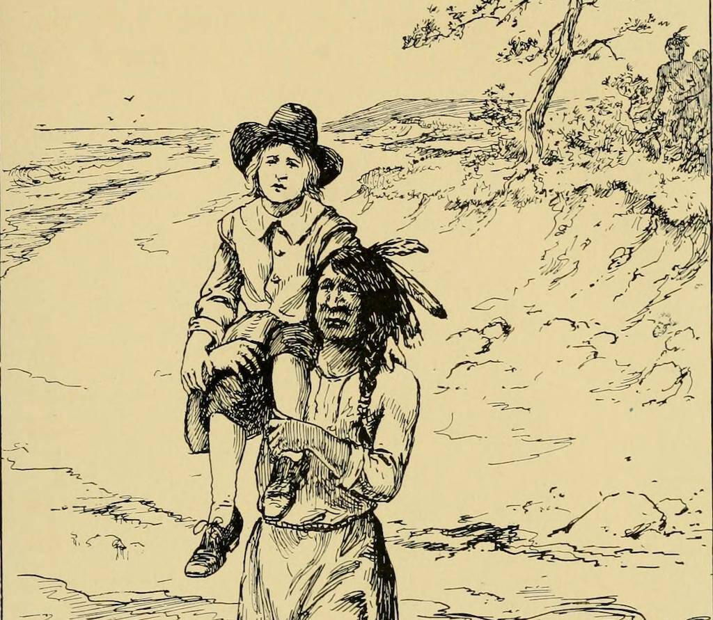 A 1922 storybook for children illustration showing Squanto returning John Billington back to the colony.