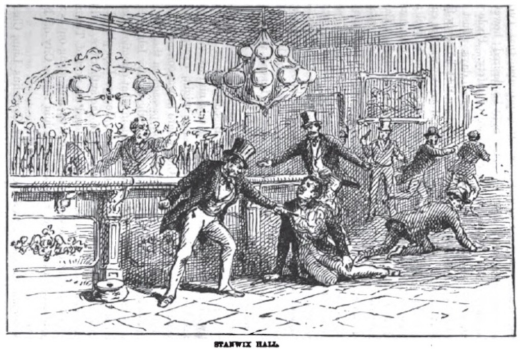 An illustration of murder at the Stanwix Hall bar.