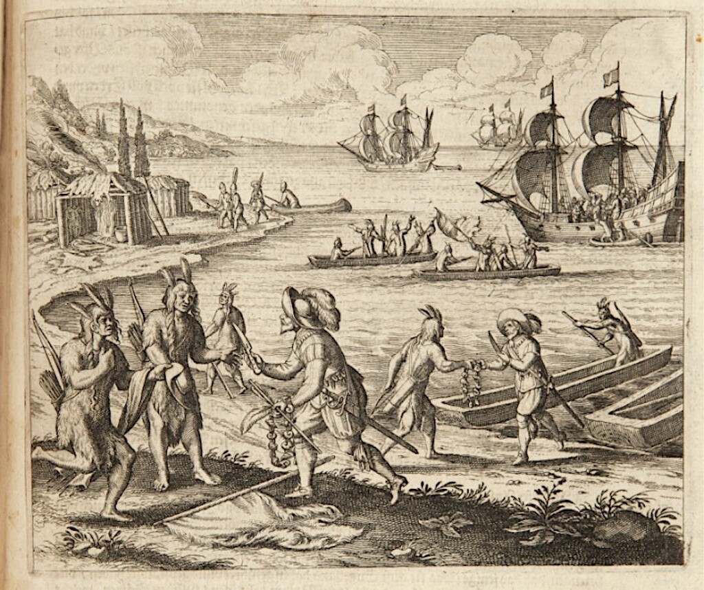A 1597 illustration of trading with the Wampanoag in Martha's Vineyard, Massachusetts.