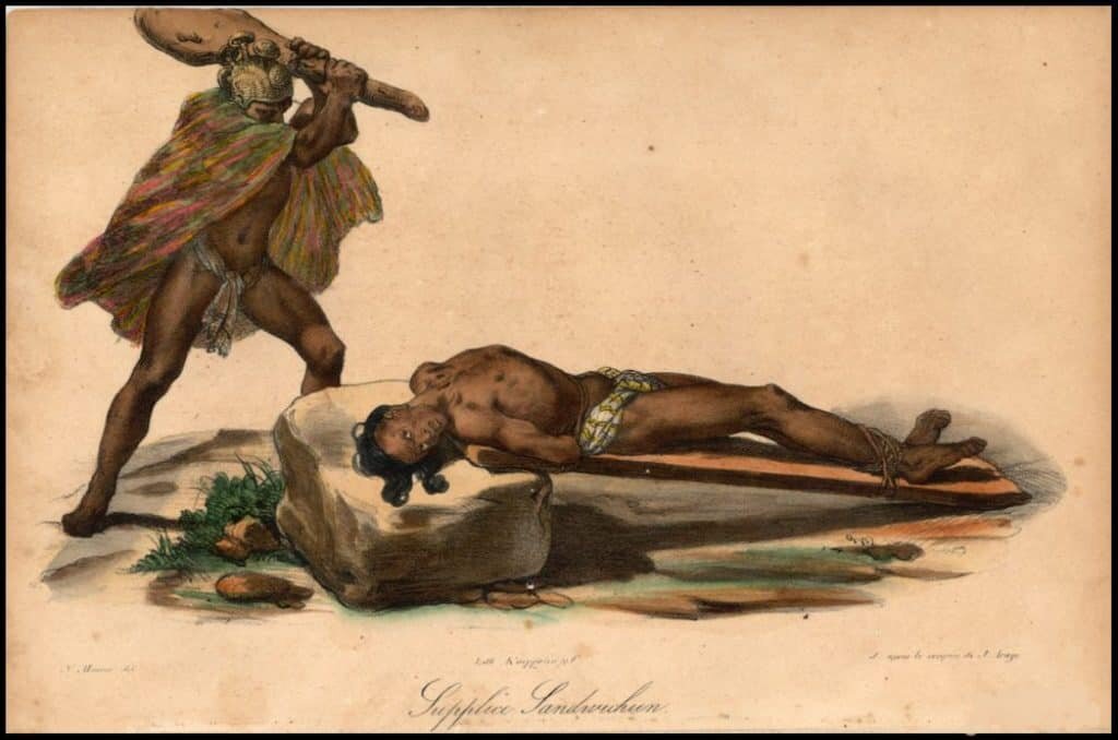 Depiction of Hawaiian sacrifice. Source: Wikimedia Commons, Jacques Arago 1822.