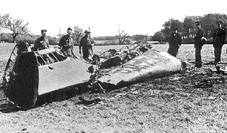 The wreckage of Rudolf Hess’ Messerschmitt Bf 110D after crashing at Bonnyton Moor, Scotland, on May 10th, 1941.