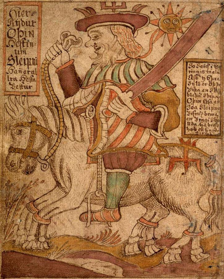 Odin on Sleipnir, Icelandic manuscript SÁM 66, 18th century, Árni Magnússon Institute in Iceland.