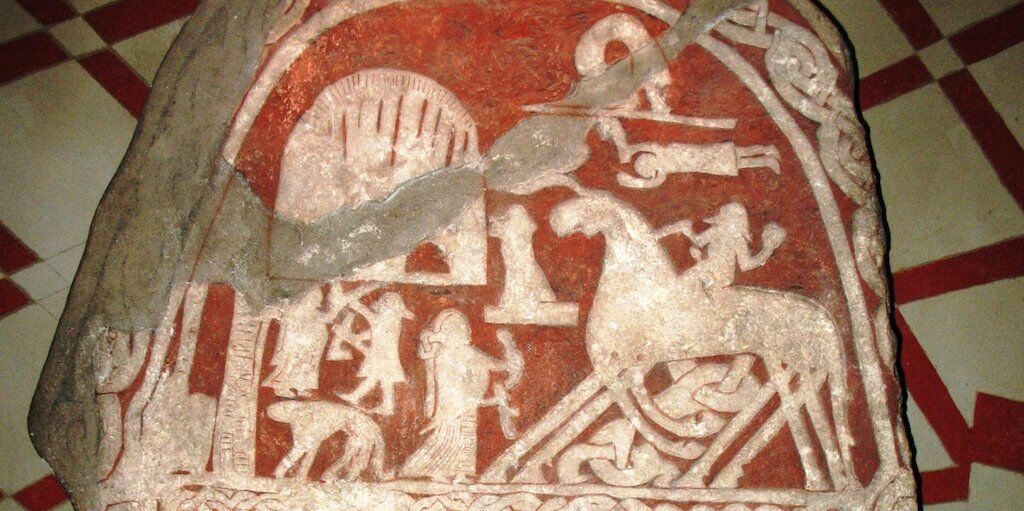 The Tjängvide image stone depicts Odin, or some other man, arriving in Valhalla on Odin's horse.