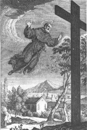 18th-century engraving of St. Joseph of Cupertino floating in the air beside a large cross