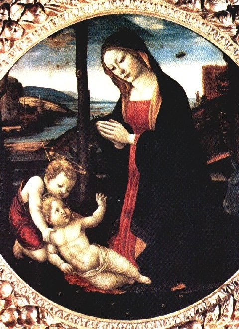 Fifteenth-century painting of the Madonna kneeling with the infant Jesus and Saint John, with a small object in the sky behind her