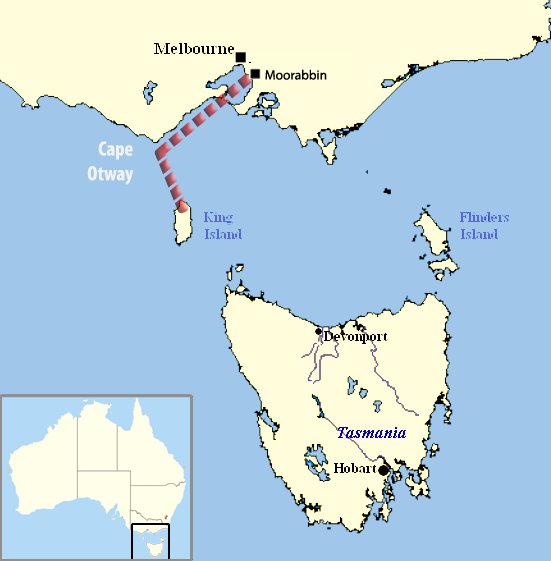 Map of Bass Strait showing a dashed route from Moorabbin along the coast to Cape Otway and south to King Island, with Flinders Island and Tasmania to the southeast