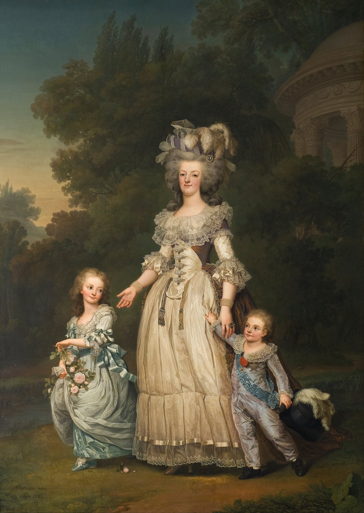 Painting of Marie Antoinette in a wide hat walking in a park with two young children
